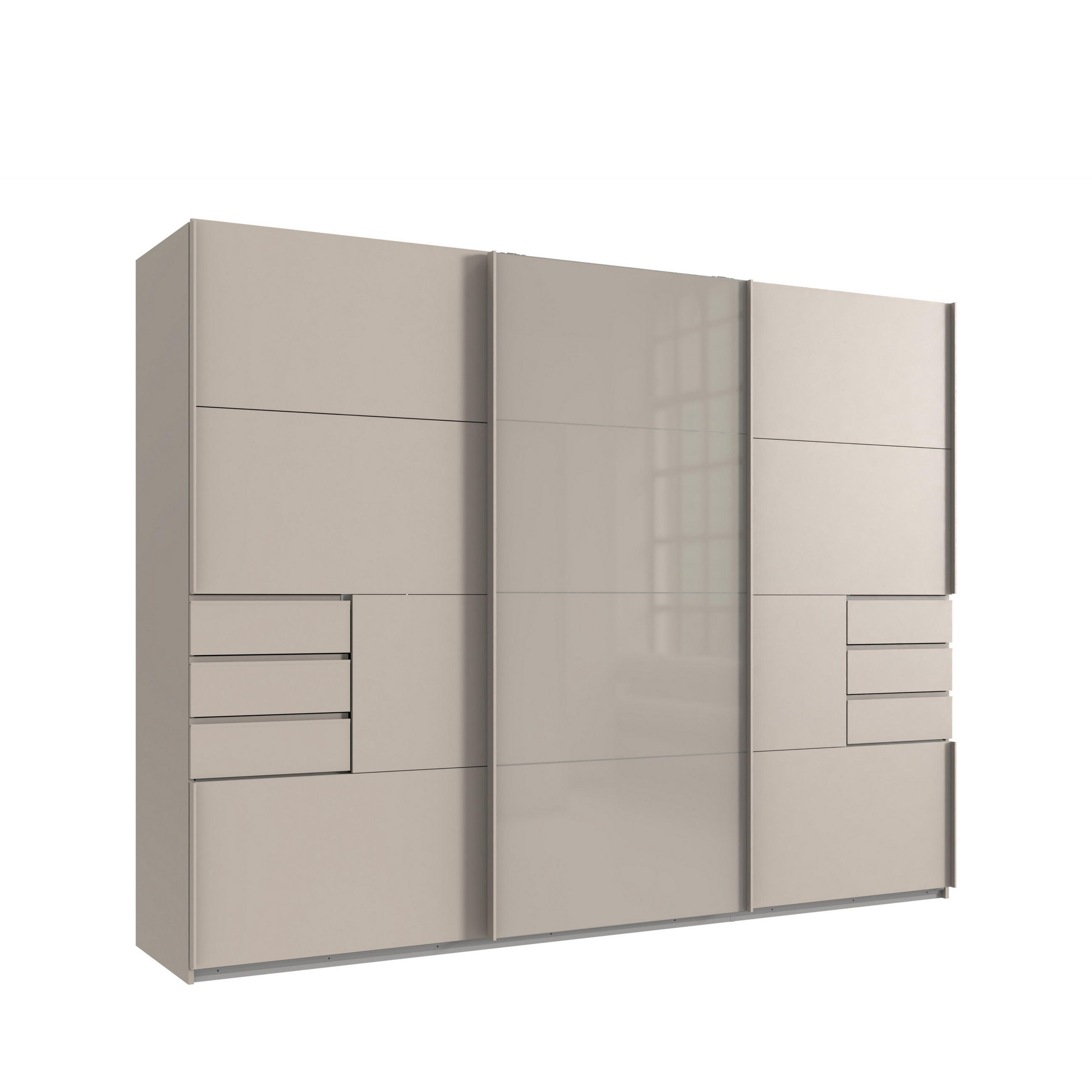 luma-home SKŘÍŇ S POSUVNÝMI DVEŘMI, 3dveřová, šířka 270 cm, výška 208 cm, hloubka 64 cm, béžovo-šedá, prostřední dveře skleněné, se zásuvkami / 22616