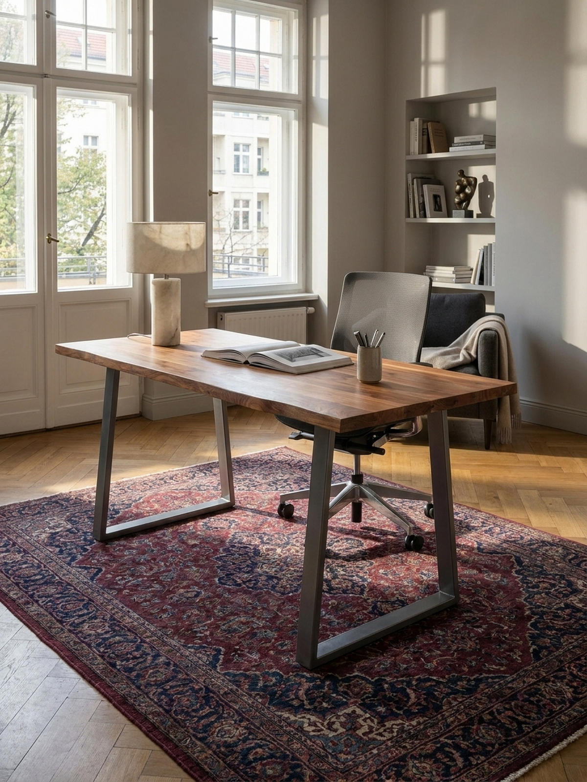 SCHREIBTISCH Massivholz Baumkante Chromgestell Handarbeit TARN, Goldbraun-Chrom 200x100x76 cm - Chromfarben/Braun, Holz/Metall (100/200/76cm) - KADIMA DESIGN
