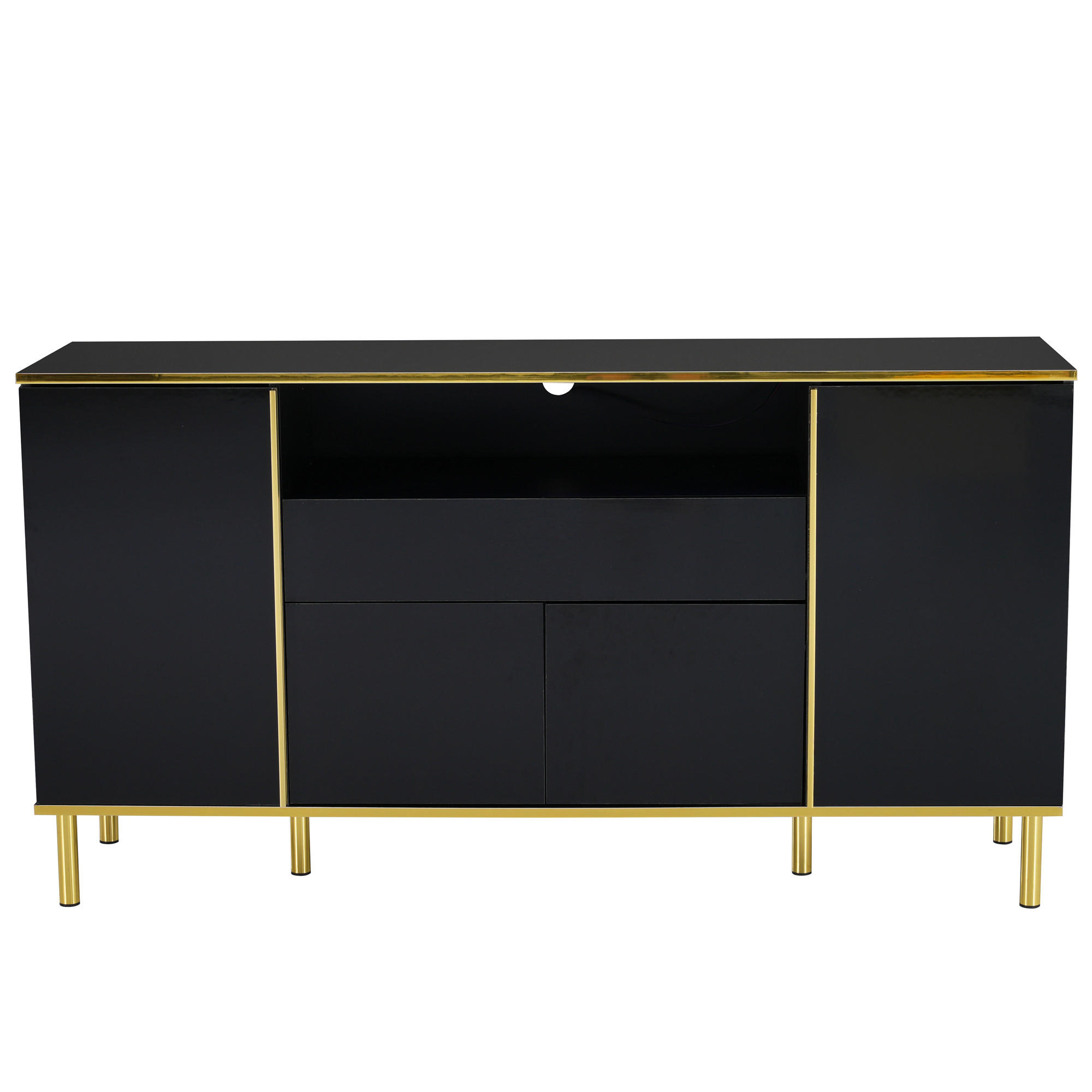 SIDEBOARD mit LED-Beleuchtung, Schublade und Hochglanz-Oberfläche - Goldfarben/Schwarz, Holzwerkstoff/Metall (150/80/40cm) - EVRYAE