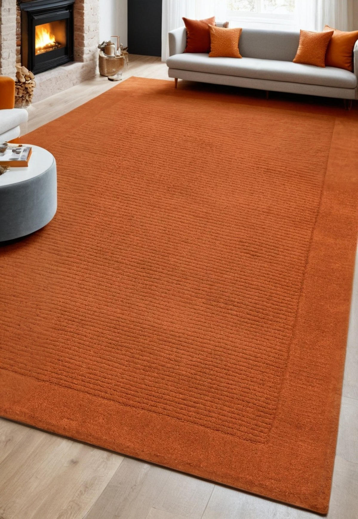 TEPPICH Schurwolle handgewebt mit Bordüre modern STOW, Terrakotta 160x230 cm - Terra cotta, Textil (160/230cm) - KADIMA DESIGN