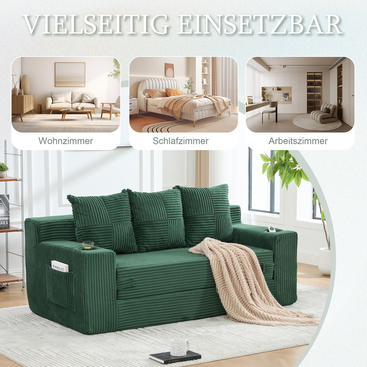 2-SITZER Bodensofa ausklappbar, Getränkehalter/Seitentaschen, Cord, Grün - Grün, Textil (172/64/87cm) - LVHOM