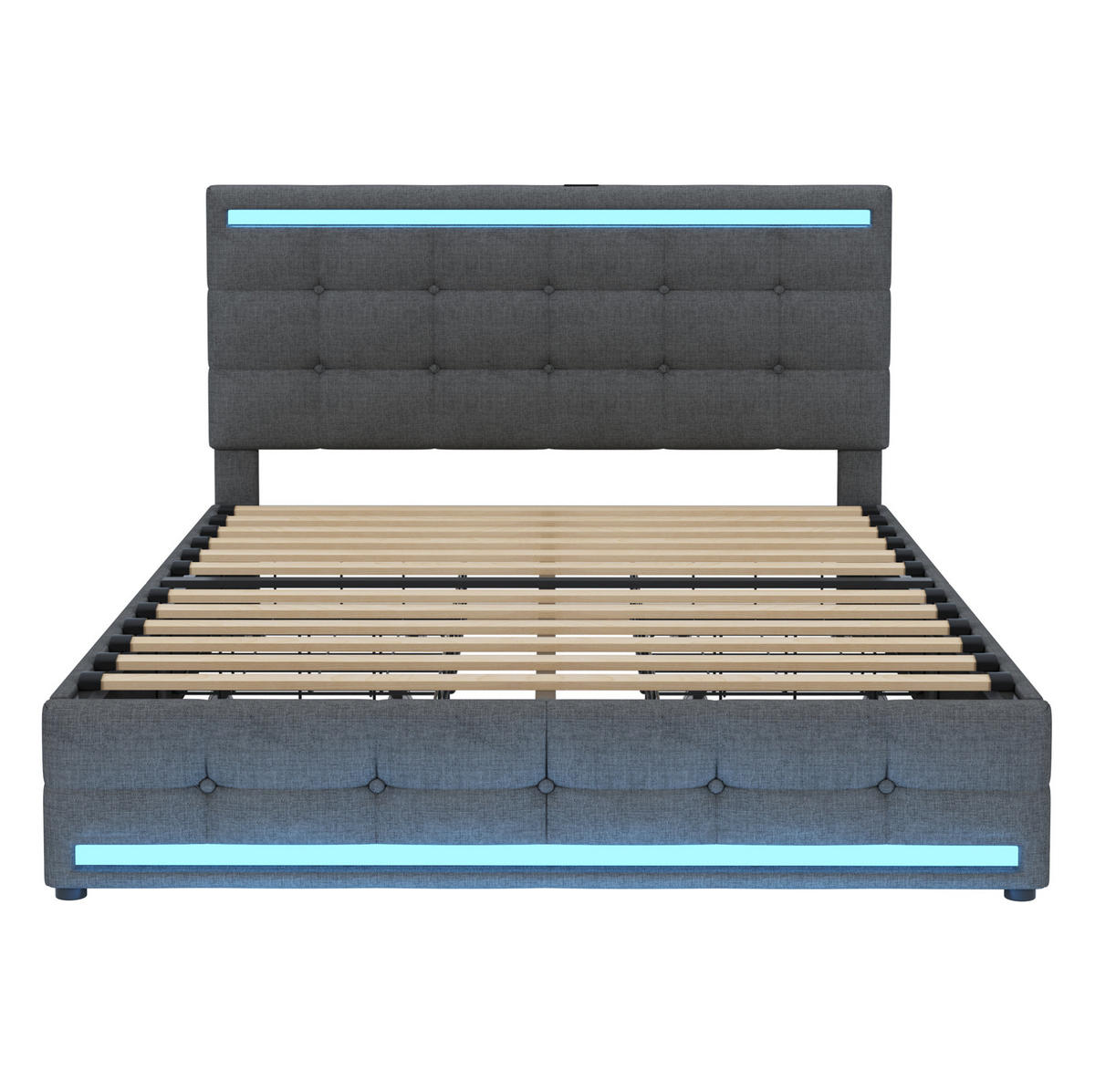 POLSTERBETT aus gepolstertem Stoff 140x200 cm Grau mit LED-Beleuchtung, 2 USB-Anschlüssen und 4 Schubladen - Grau, Textil (140/200cm) - Modfu