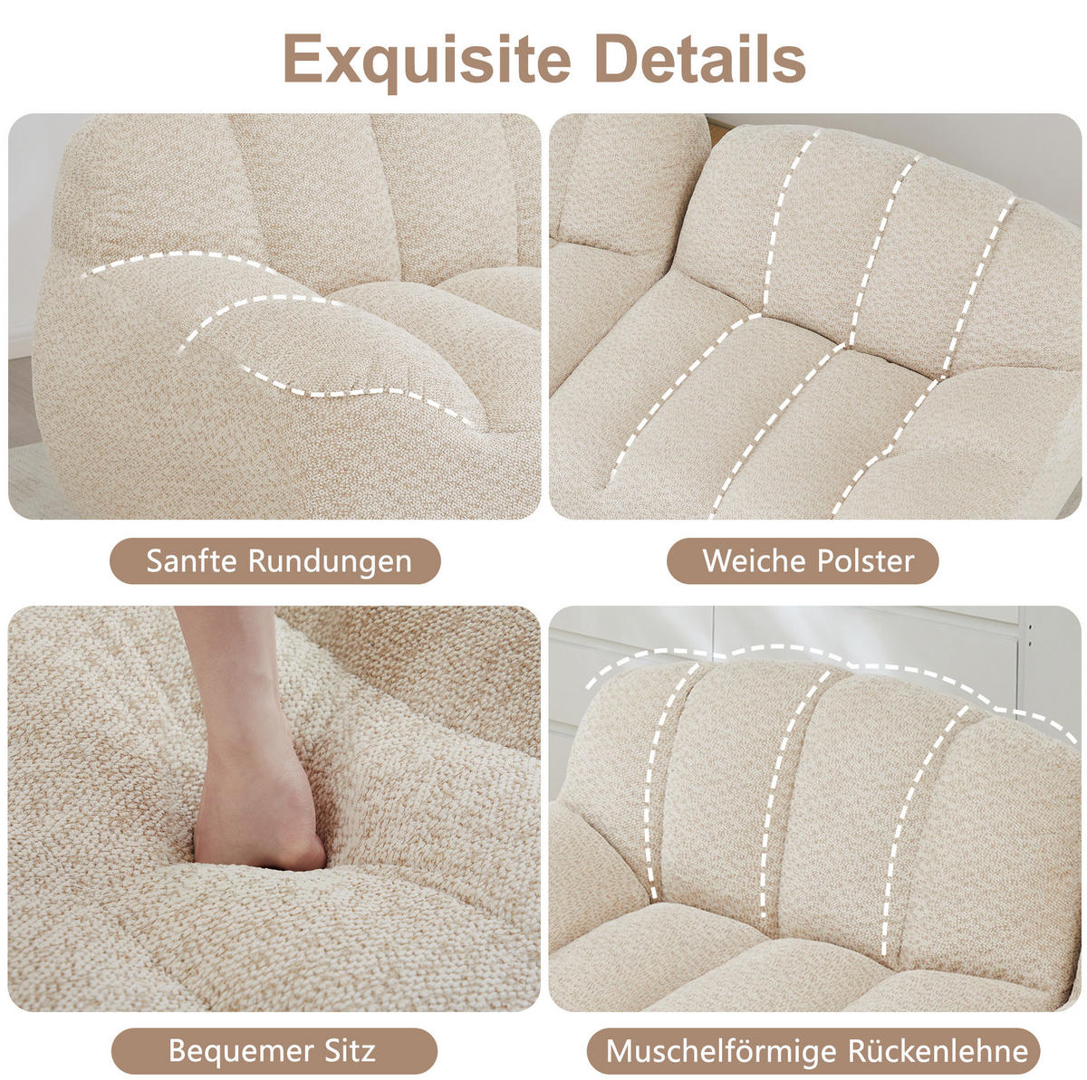 SOFA 210/165/79 cm in Beige-Weiß aus Granuliertem Fleece - Beige, Textil (165/79/210cm) - Flora Grace