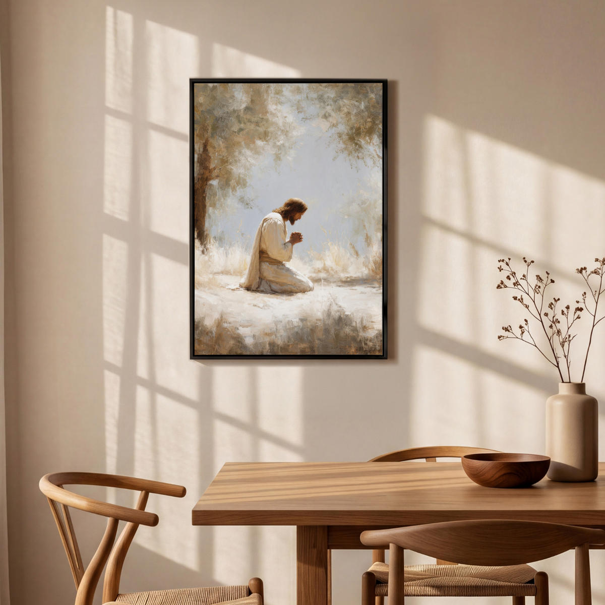 LEINWAND Bilder mit Rahmen - Jesus - Kniend - Waldlandschaft - Betend - 60x90 - Beige, Textil (60/90cm) - MuchoWow