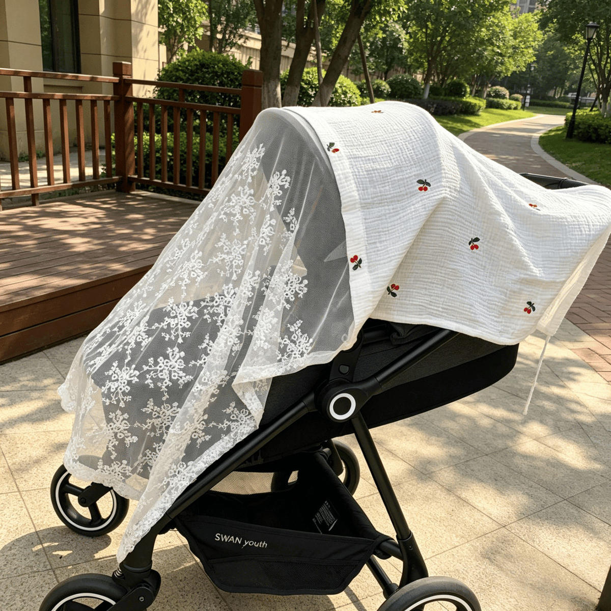 KINDERWAGEN-MOSKITONETZ Kirschmuster 130x100cm - Weiß, Textil - Weltevree