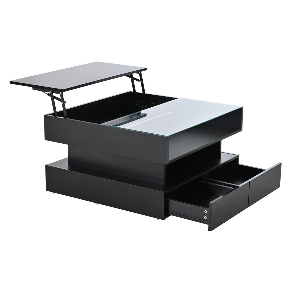 COUCHTISCH höhenverstellbar 80 x 80 cm Schwarz mit LED und 2 Schubladen - Schwarz, Holzwerkstoff (80/80/45cm) - Meubliv