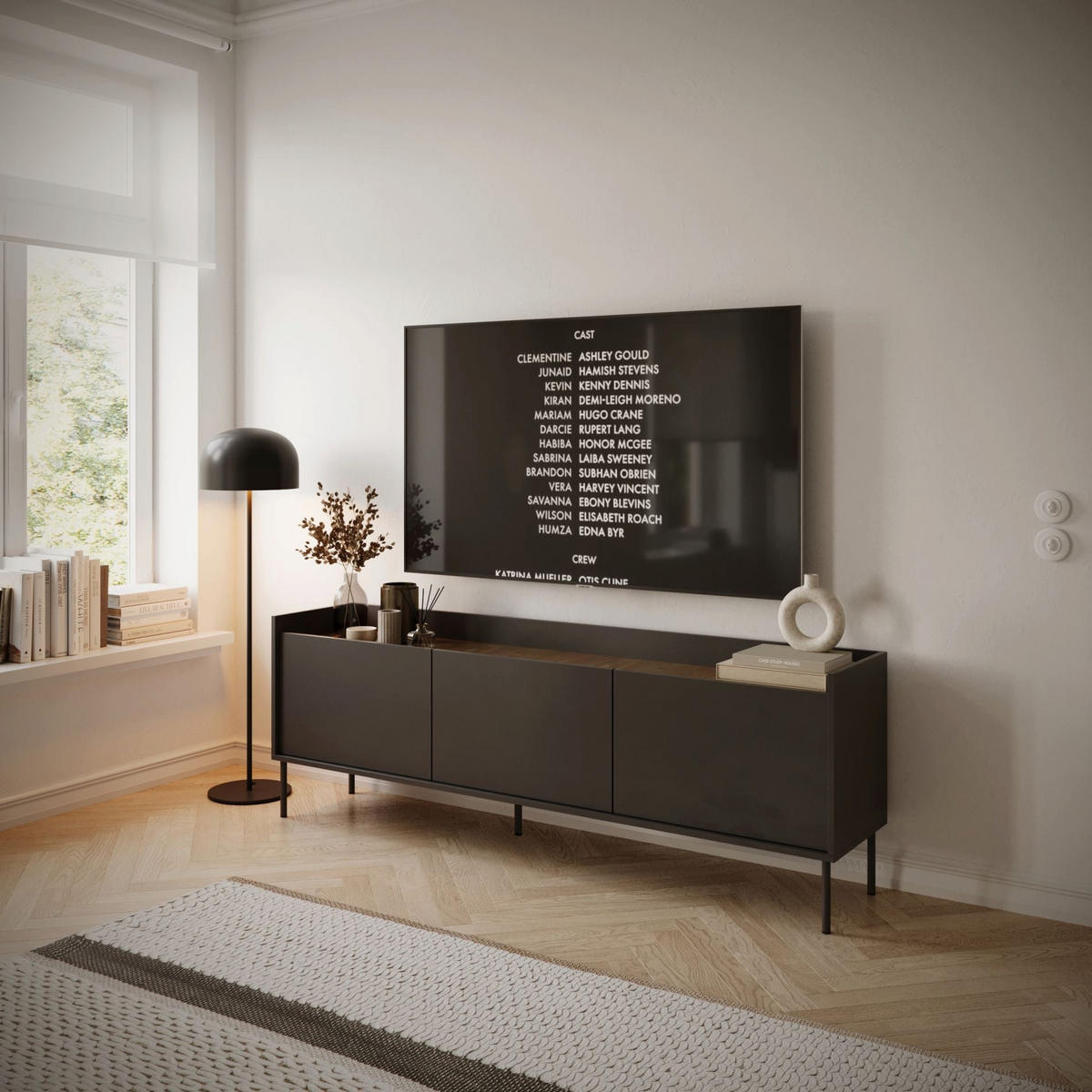 TV stolek Tovi Černý / Dekor ořech 175/58/36 cm - černá, kov/kompozitní dřevo (175/58.5/36.4cm) - Selsey