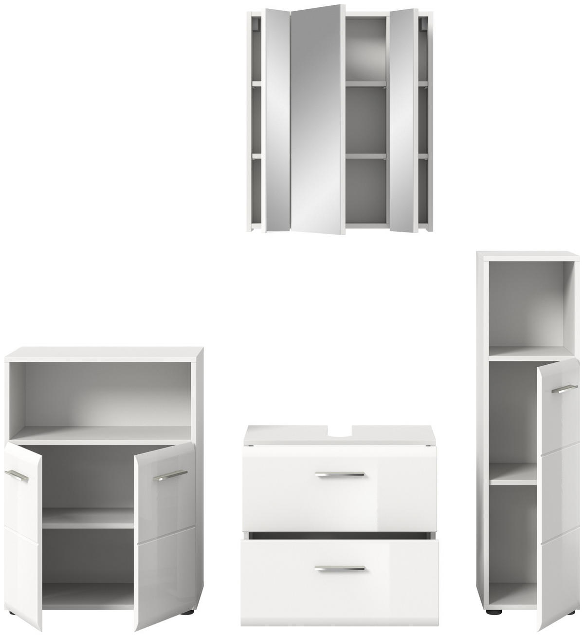 BADMÖBEL Set 4-teilig weiß Hochglanz, Badkombination 180 cm mit viel Stauraum - Weiß Hochglanz/Silberfarben, Glas/Holzwerkstoff (180/185/30cm) - Inn.Furn