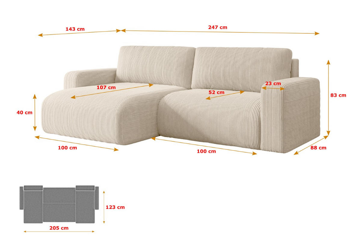 ECKSOFA mit Schlaffunktion und Bettkasten KLEEA-L - 247x143x83 cm Beige Cord - Beige/Schwarz, Holzwerkstoff/Kunststoff (247/143cm) - ALTDECOR