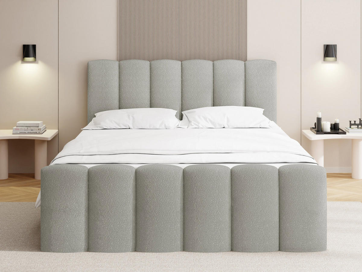 BOXBETT Serenity mit Bettkasten, Boucle Grau 160x200 cm – inkl. H4 Taschenfederkern Matratze & Foam Topper - Hellgrau/Schwarz, Holz/Holzwerkstoff (160/200cm) - WFL GROUP