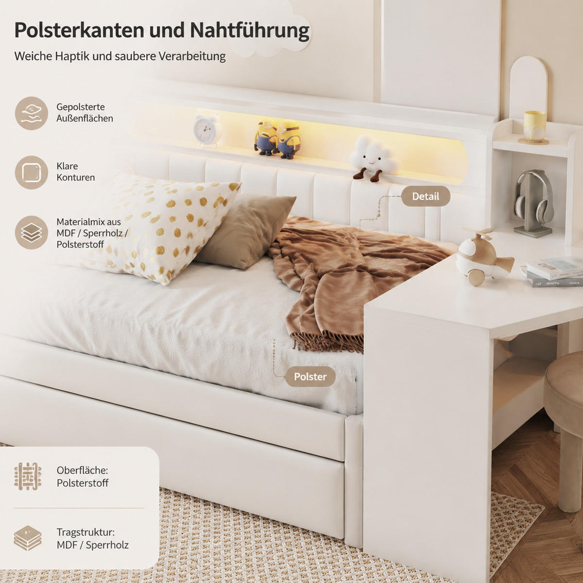POLSTERBETT Kinder 90/200 cm aus MDF, Sperrholz und Leinen mit USB, LED-Beleuchtung, Ausziehbett und Schreibtisch Weiß - Weiß, Holzwerkstoff (90/200cm) - Modenvie