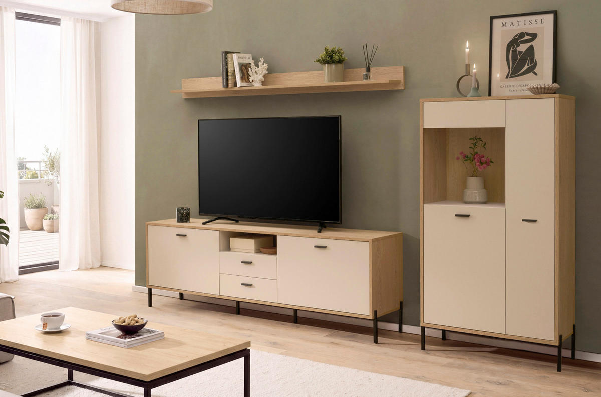 WOHNWAND Kaschmir, Eiche 285 cm 3-teilig, Wohnkombination mit Soft-Close - Kaschmir/Eichefarben, Glas/Holzwerkstoff (285/170/40cm) - Furn.Design