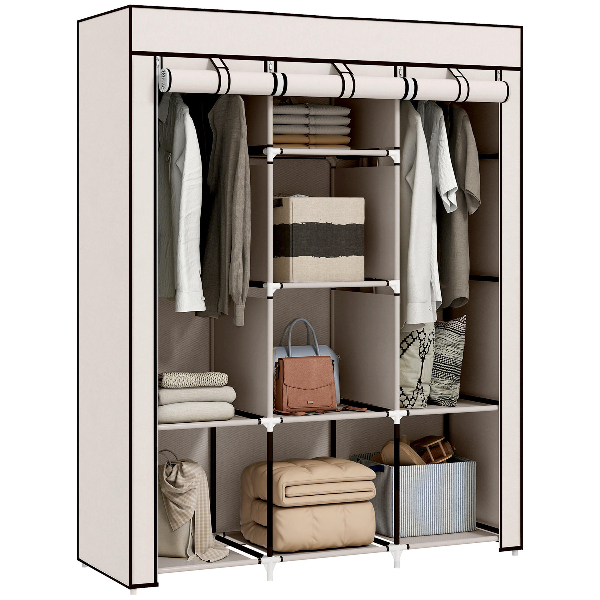 STOFFSCHRANK DE-17214 8 Böden & 2 Kleiderstangen Creme - Creme, Metall (43/162.5/125cm) - ComfortXL