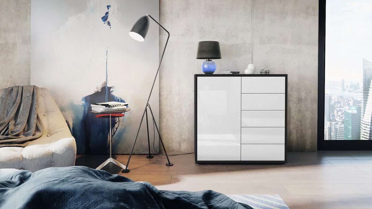 KOMMODE Ben Front in Weiß Hochglanz - Weiß Hochglanz, Holzwerkstoff (79/74/36cm) - Vladon