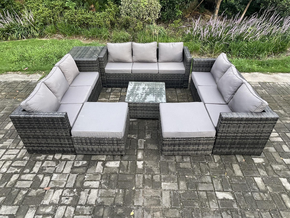 GARTENTISCHGRUPPE Polyrattan Dunkelgrau 11-Sitzer - Dunkelgrau, Metall - Fimous