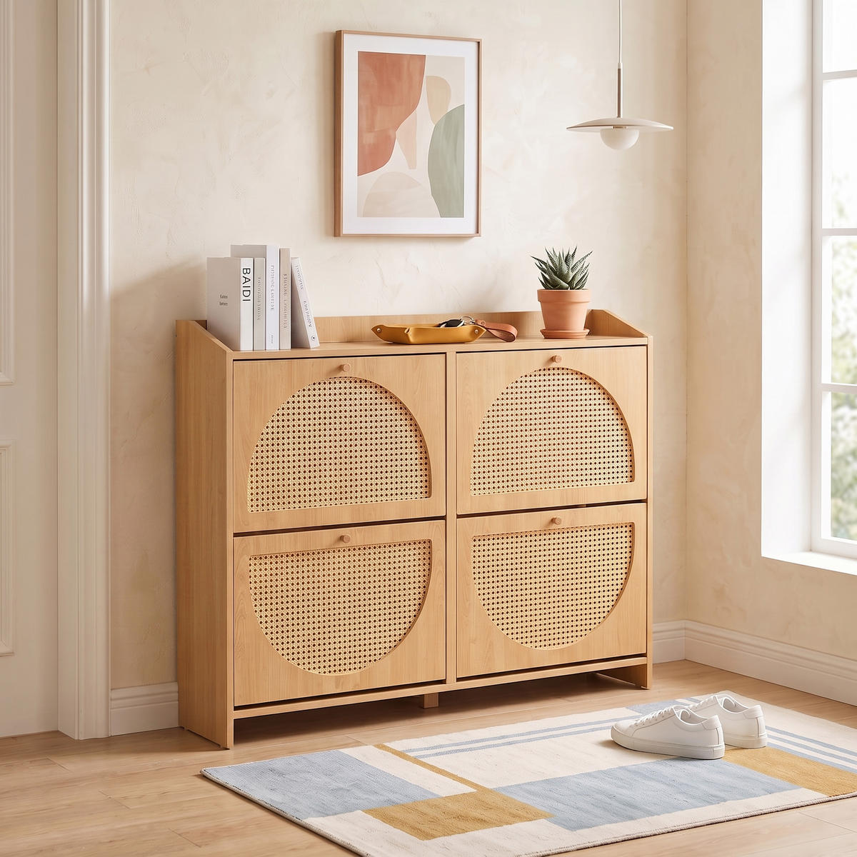 SCHUHSCHRANK Schmal mit 4 Kipptüren, 8 Fächern & Streifendesign 120cm - Naturfarben, Holzwerkstoff (120/90/24cm) - Urban Meuble