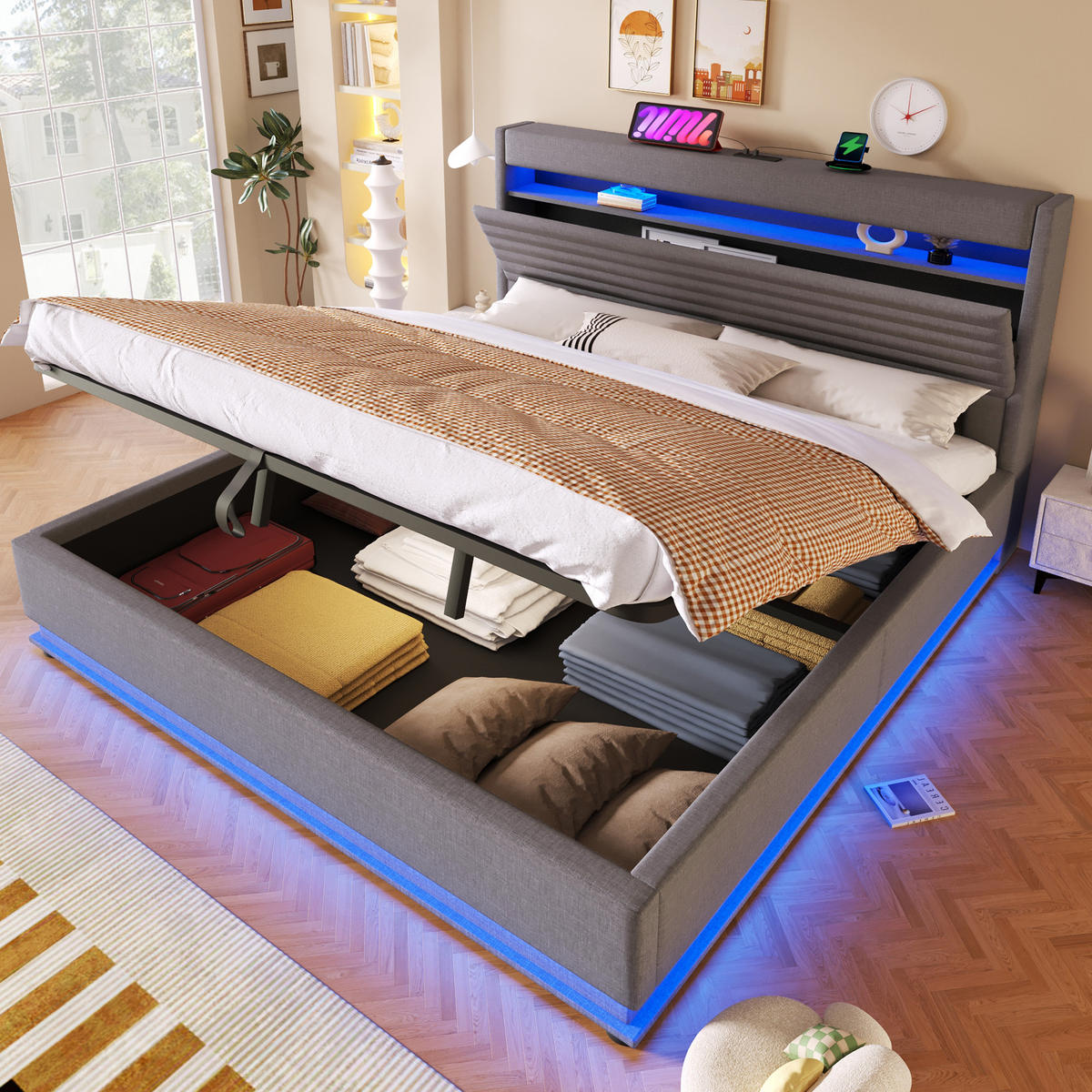 POLSTERBETT 180/200 cm in Grau mit Bettkasten, LED und USB aus Leinen - Grau, Holzwerkstoff/Textil (180/200cm) - STILVORA