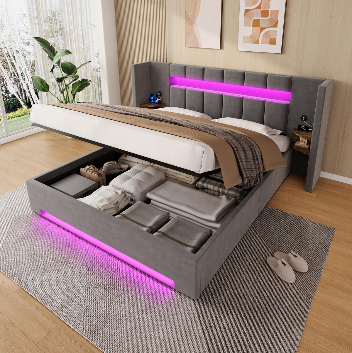 BETT mit Stauraum, USB & LED 180x200 cm Samt Dunkelgrau - Dunkelgrau, Metall (180/200cm) - Meubliv