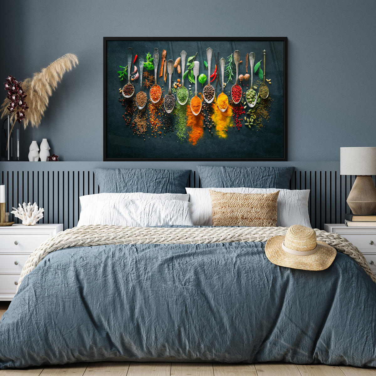 POSTER MIT RAHMENGERAHMTES BILD - Kräuter - Gewürze - Löffel - 120x80 cm - Currygelb, Papier (120/80cm) - MuchoWow