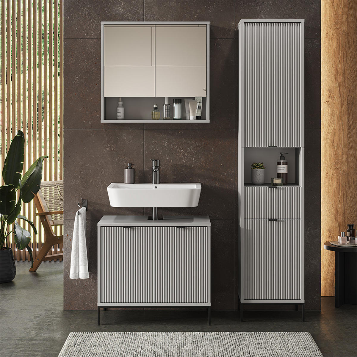 BADSCHRANK Eliza Grau 40 x 190 cm mit Türen, und Schublade - Grau, Holzwerkstoff (40/190/35cm) - Vicco