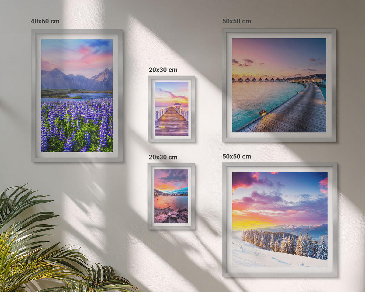 BILDER SET 5er Set - 50x50 cm & 20x30 cm & 40x60 cm Silberner Rahmen - Winterlandschaft des Pierbergs - Silberfarben, Kunststoff (40/60cm) - TULUP