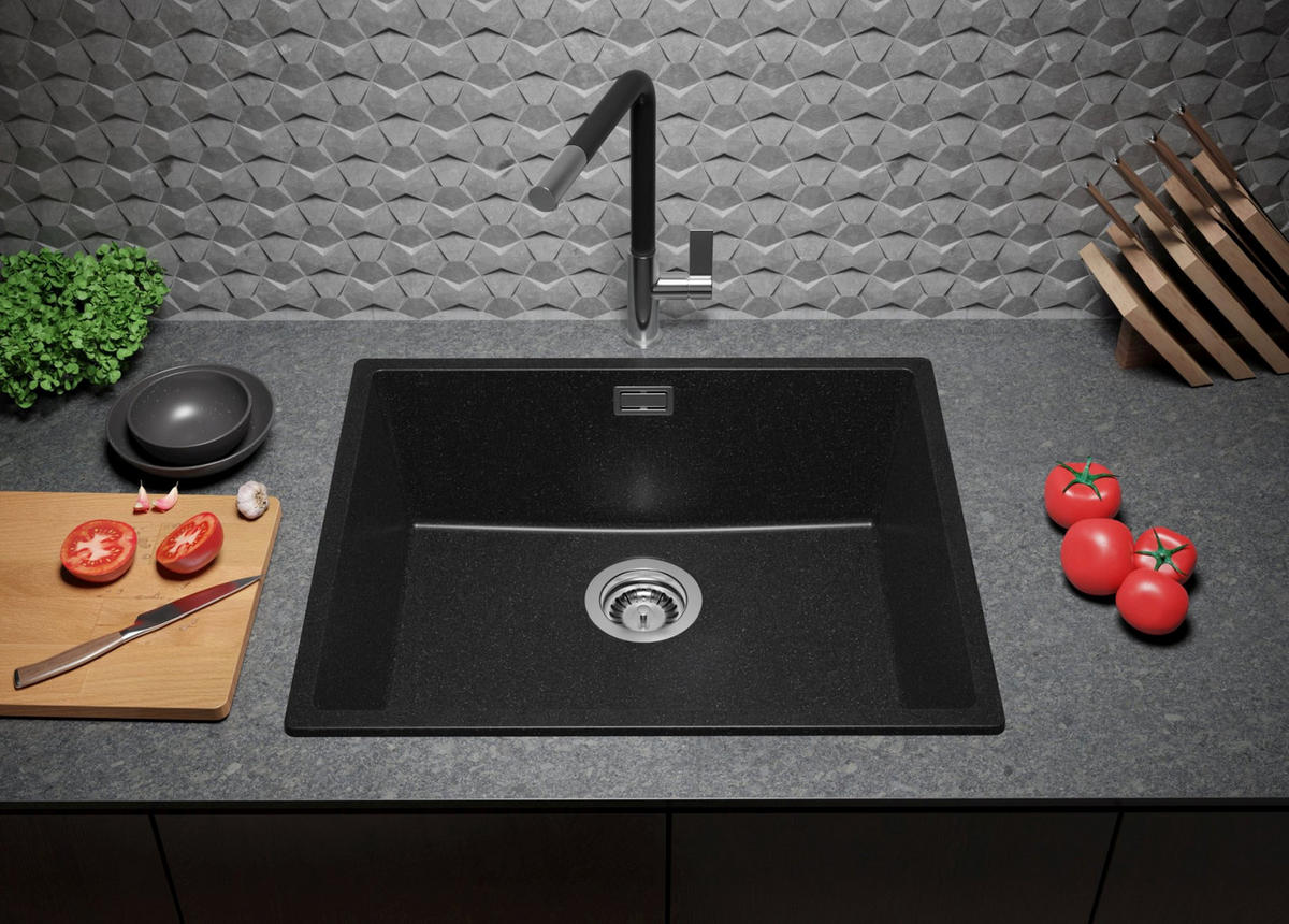 SPÜLBECKEN London Slim, 2-er set Anthrazit 56/47 cm 1 Becken + Ablauf-Set ab 60er Unterschrank - Chromfarben/Anthrazit, Kunststoff (56/20/47cm) - Primagran