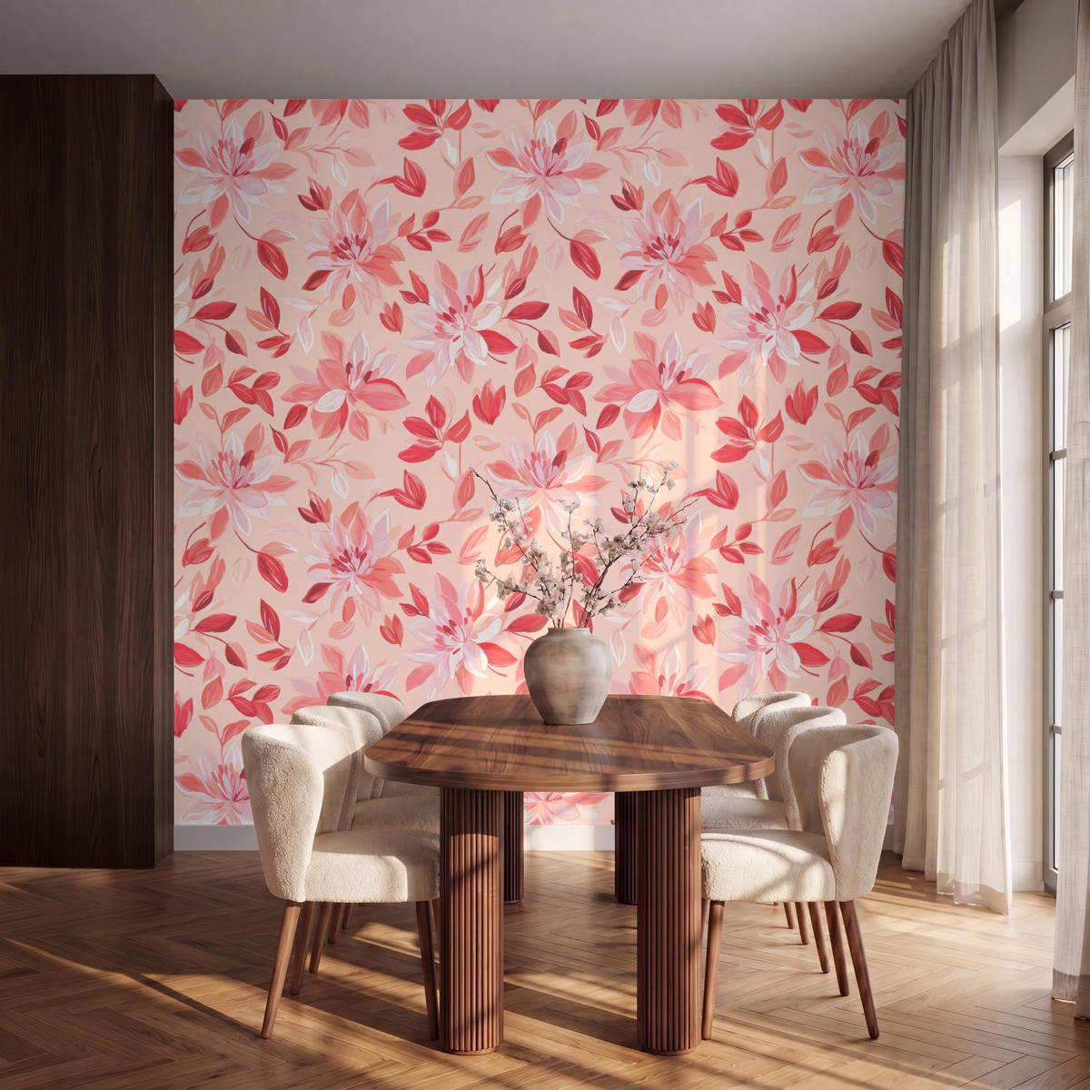 TAPETE - Botanisch - Blumen - Rot - 280x280 cm - Koralle, Papier (280/280cm) - OnlyWow