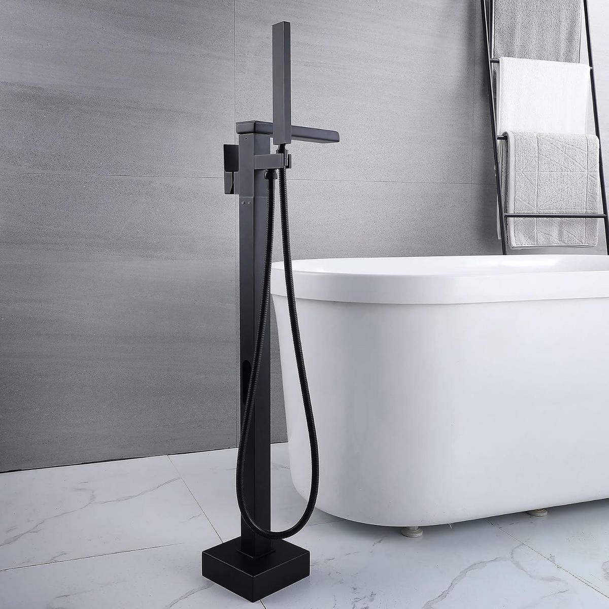 BADEWANNENARMATUR freistehend mit Wasserfallauslauf und Handbrause, schwarzer Griff, Innenanschluss - Schwarz, Metall (15/105/25cm) - TVTIUO