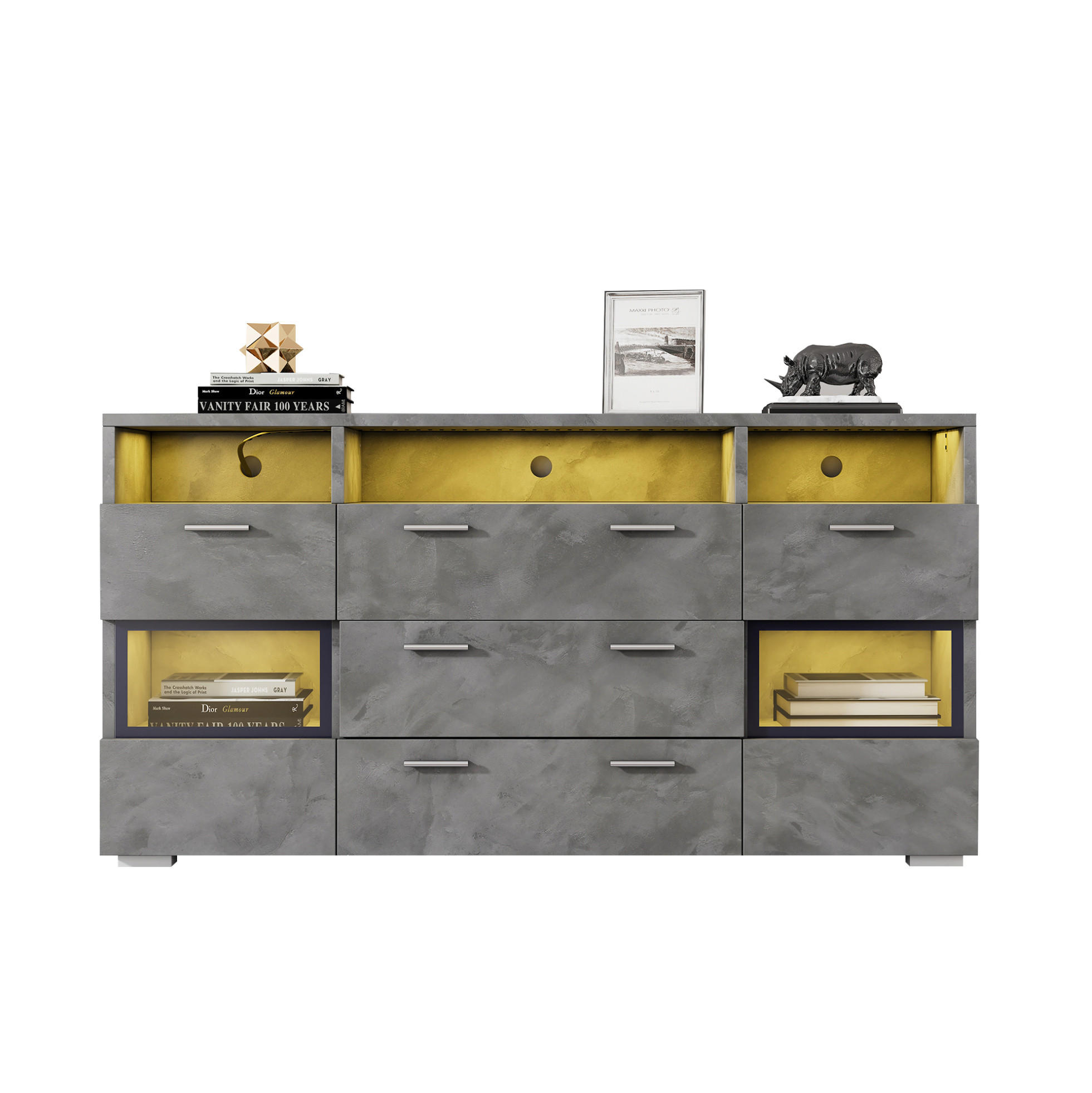 SIDEBOARD aus Spanplatte 140x33,5x72,5 cm Grau mit LED-Beleuchtung, Acryltüren und viel Stauraum - Grau, Holzwerkstoff (140/72.5/33.5cm) - Modfu