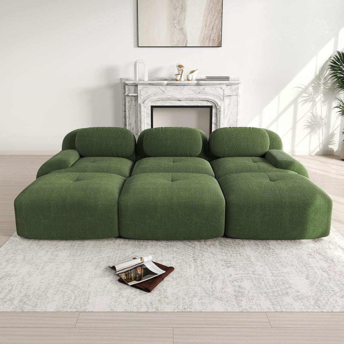 3-SITZER Sofa 298×178×75 cm Cordstoff rahmenlos modular mit 3 Hockern, grün - Grün, Textil (178/75/298cm)