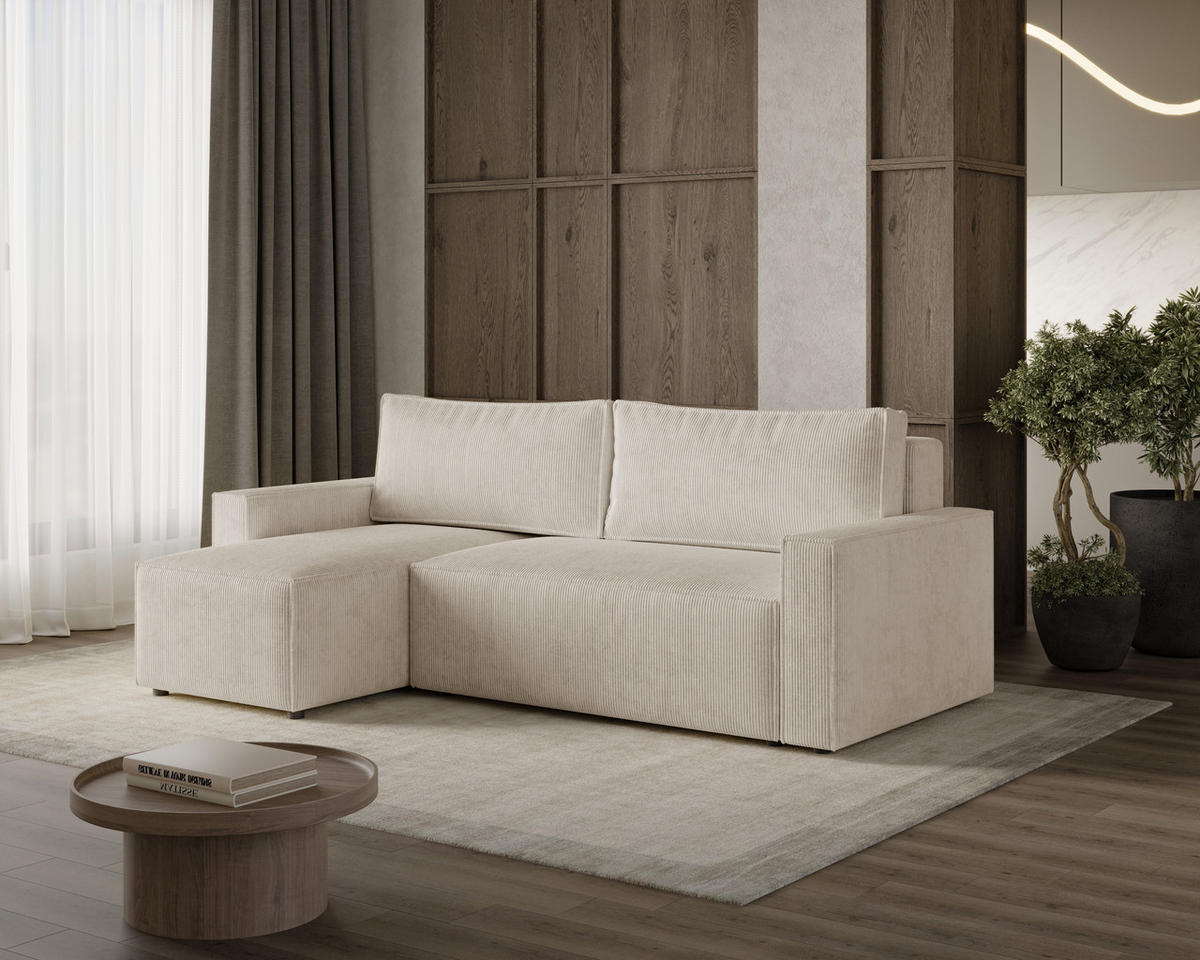 ECKSOFA LIVIO S mit Schlaffunktion, universell montierbar - POSO 100 - Beige, Holz (230/142cm) - Dekori_Interiors