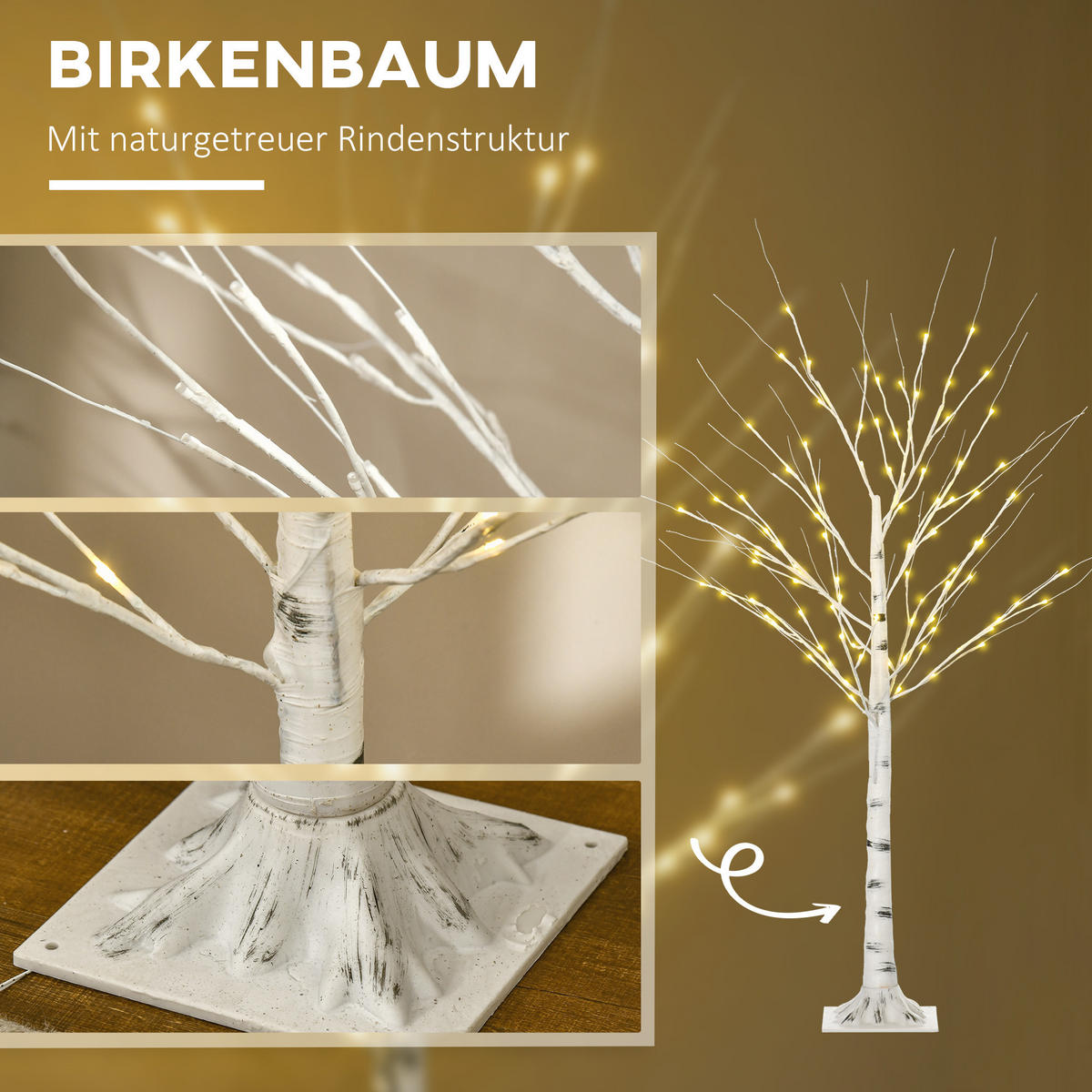 150 cm Kunstbirke Kunstbaum mit LED-Beleuchtung für Weihnachten Ostern Warmweiß - Weiß, Kunststoff (22/150/22cm) - HOMCOM