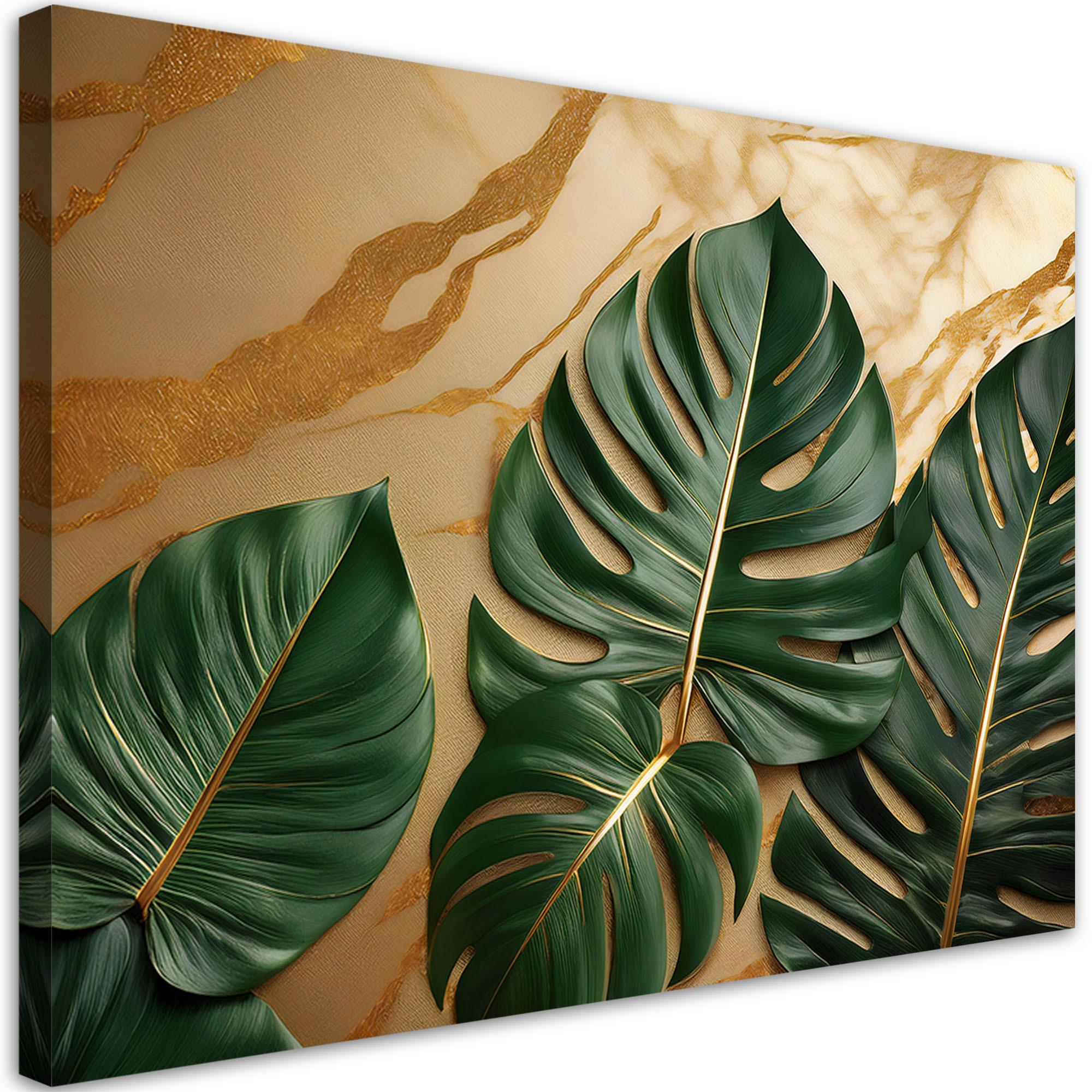 WANDBILD grüne blätter auf einem marmor hintergrund - Beige, Textil (60/40cm) - Feeby