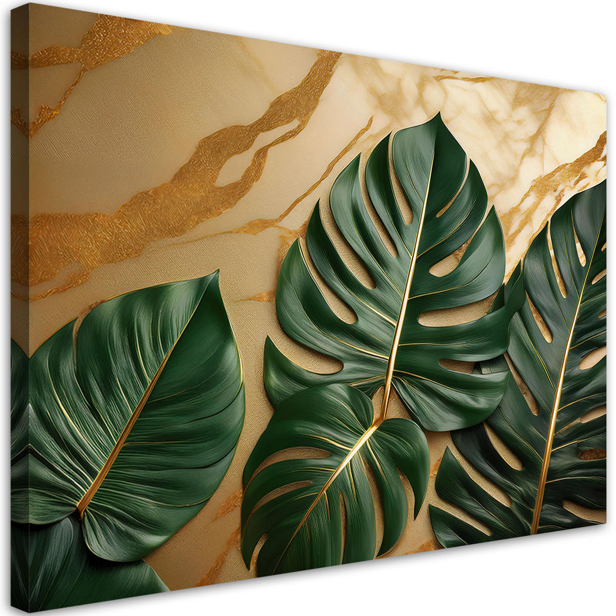 WANDBILD grüne blätter auf einem marmor hintergrund - Beige, Textil (60/40cm) - Feeby