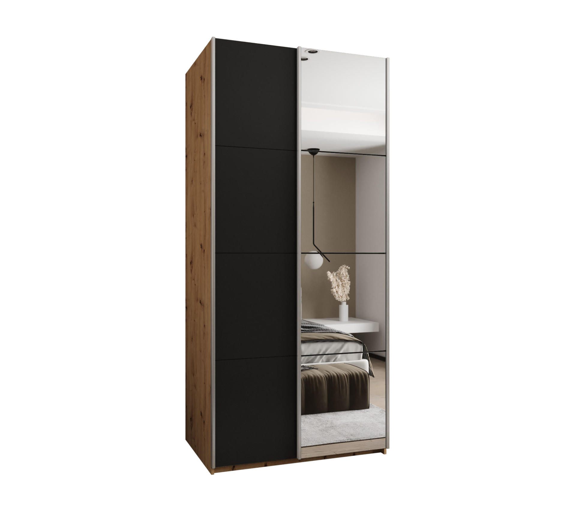 Abiks Möbel Schwebetürenschrank Eiche Artisan, Schwarz, Silber 120x245x64 cm