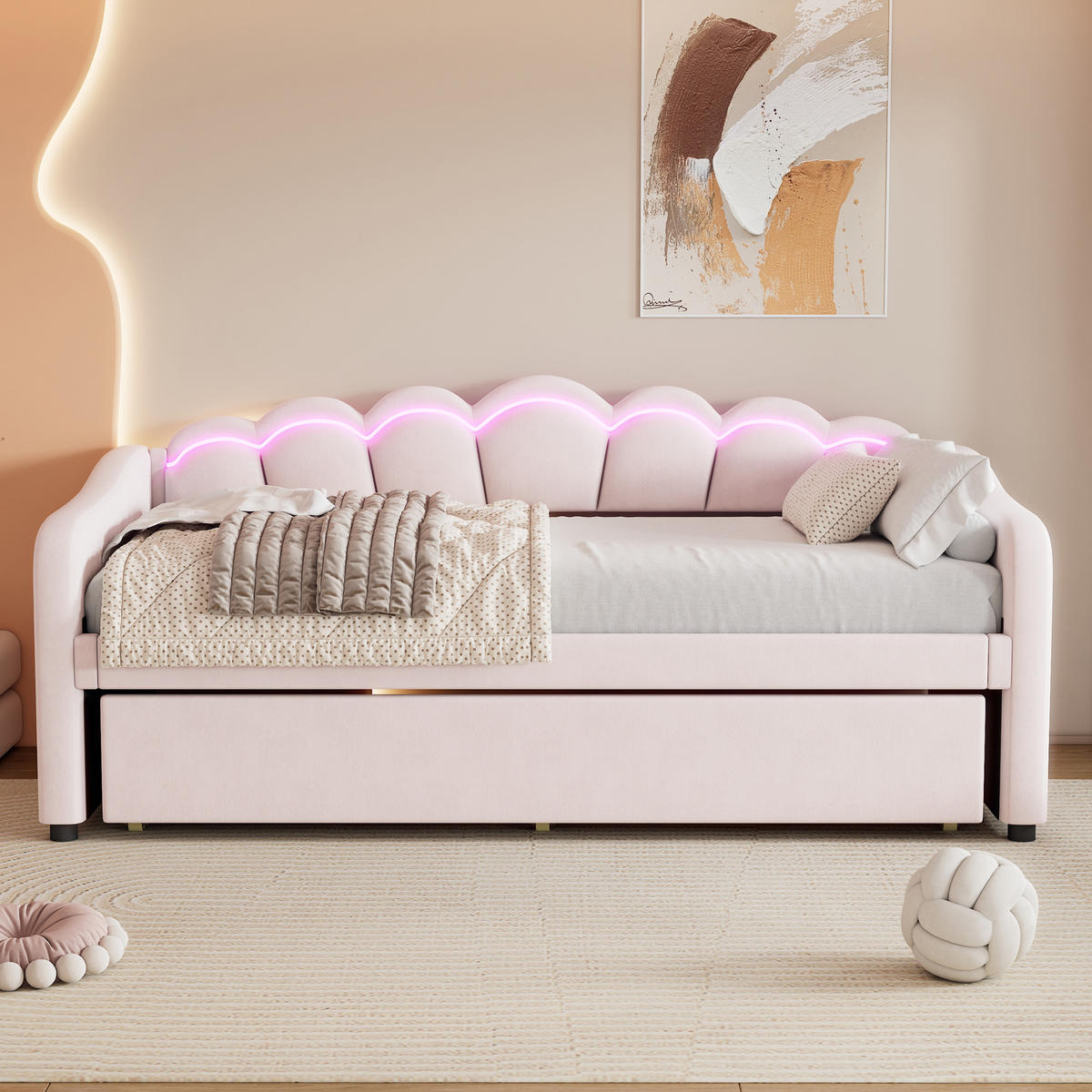 TAGEBETT 90x200cm Rosa Samt mit Ausziehbett LED Fernbedienung - Pink, Holz (90/200cm) - FLIEKS