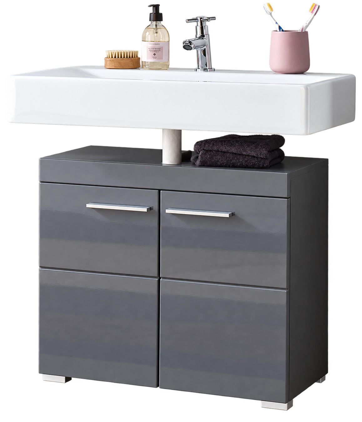 WASCHBECKENUNTERSCHRANK grau Hochglanz 60 x 56 cm, Badschrank 2-türig - Grau, Holzwerkstoff/Kunststoff (60/56/34cm) - Top.Furn
