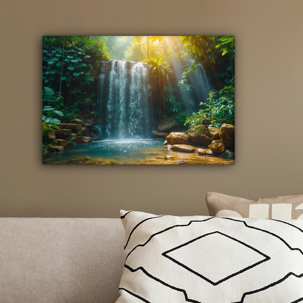 LEINWANDBILD Wasserfall - Dschungel - Sonne - Grün - Natur 30x20 cm - Grün, Textil (30/20cm) - MuchoWow