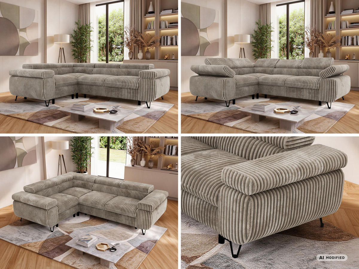 ECKSOFA ORSO L Hellbraun Cord - Links Seite - Hellbraun/Schwarz, Textil/Metall (197/268cm) - MKS