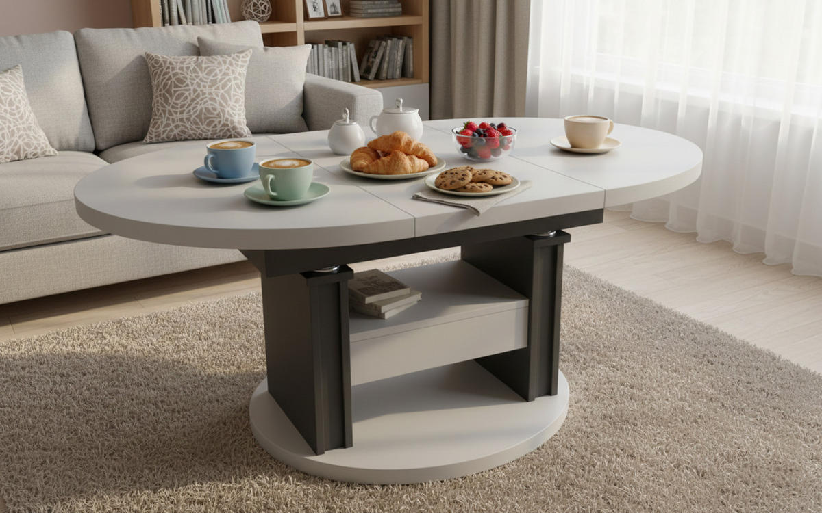 COUCHTISCH rund ausziehbar höhenverstellbar Schubalde 100/100/60 cm - Anthrazit/Beige, Holzwerkstoff (100/100/60cm) - designimpex