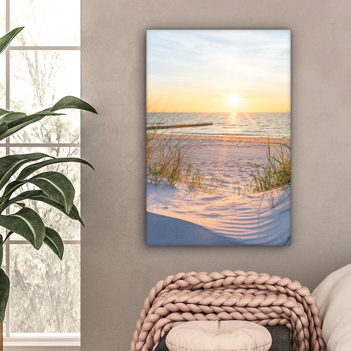 LEINWANDBILD Strand - Sonne - Düne - Gras - Sand - Horizont 60x90 cm - Hellblau, Textil (60/90cm) - MuchoWow
