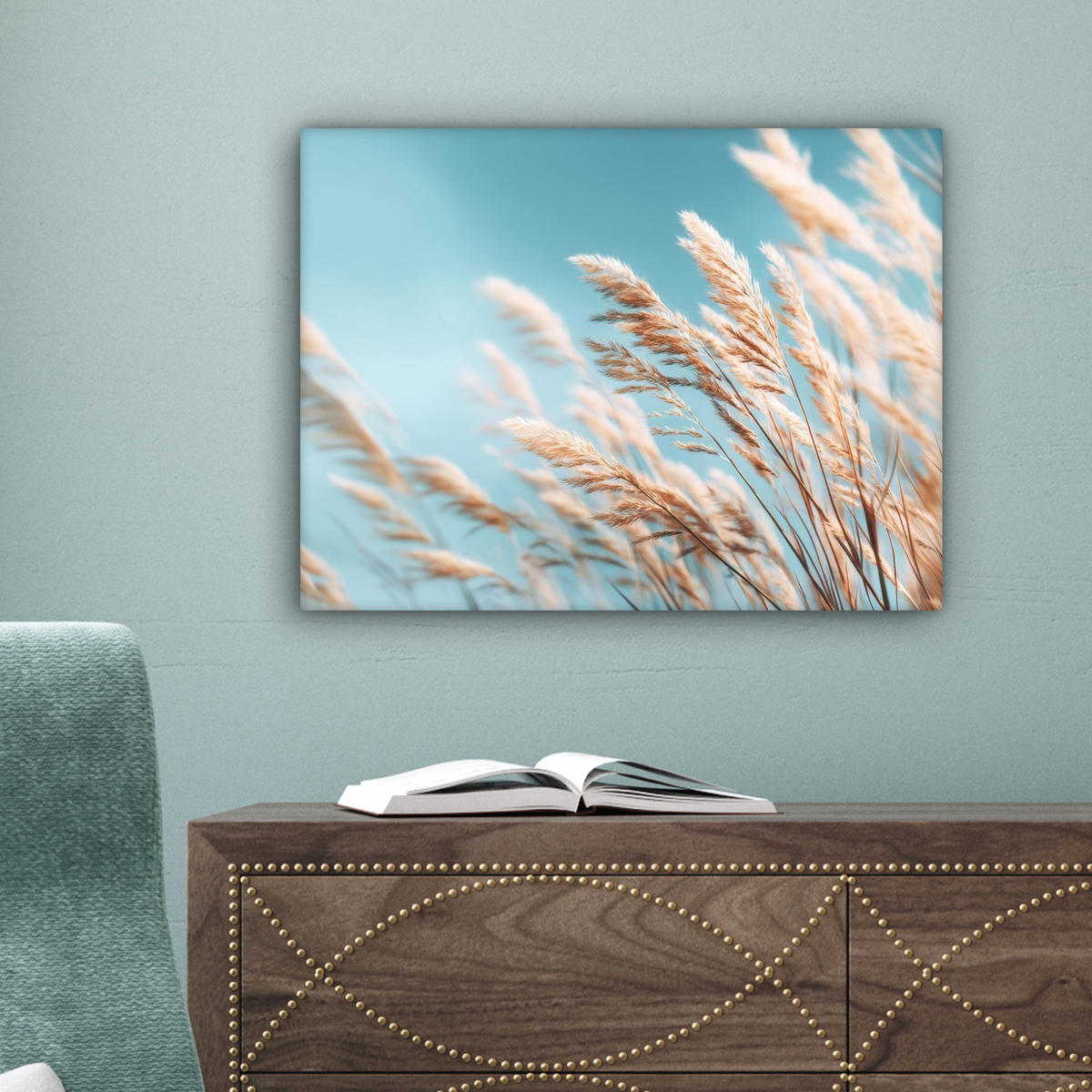 LEINWANDBILD Ziergras - Wind - Hellbraun Wandbild 40x30 cm - Hellblau, Textil (40/30cm) - MuchoWow