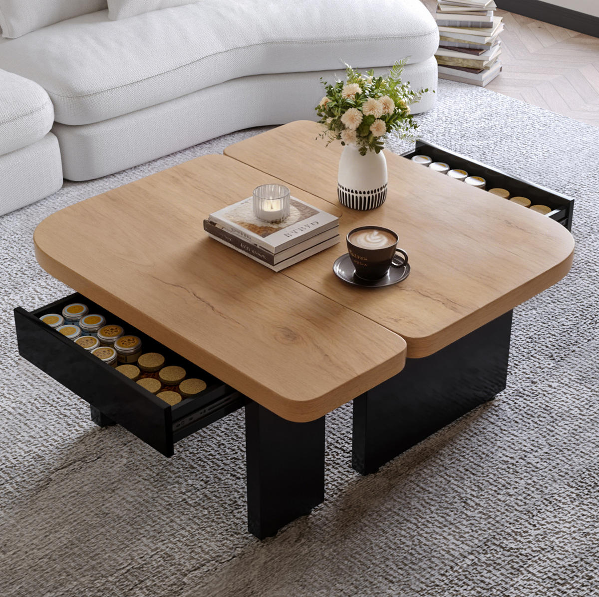 COUCHTISCH 90/60/44,5 cm mit LED-Beleuchtung, 2 Schubladen und flexibel kombinierbarem 2-in-1-Design, Naturholz/Schwarz - Naturfarben, Holzwerkstoff (90/60/44.5cm) - Redom