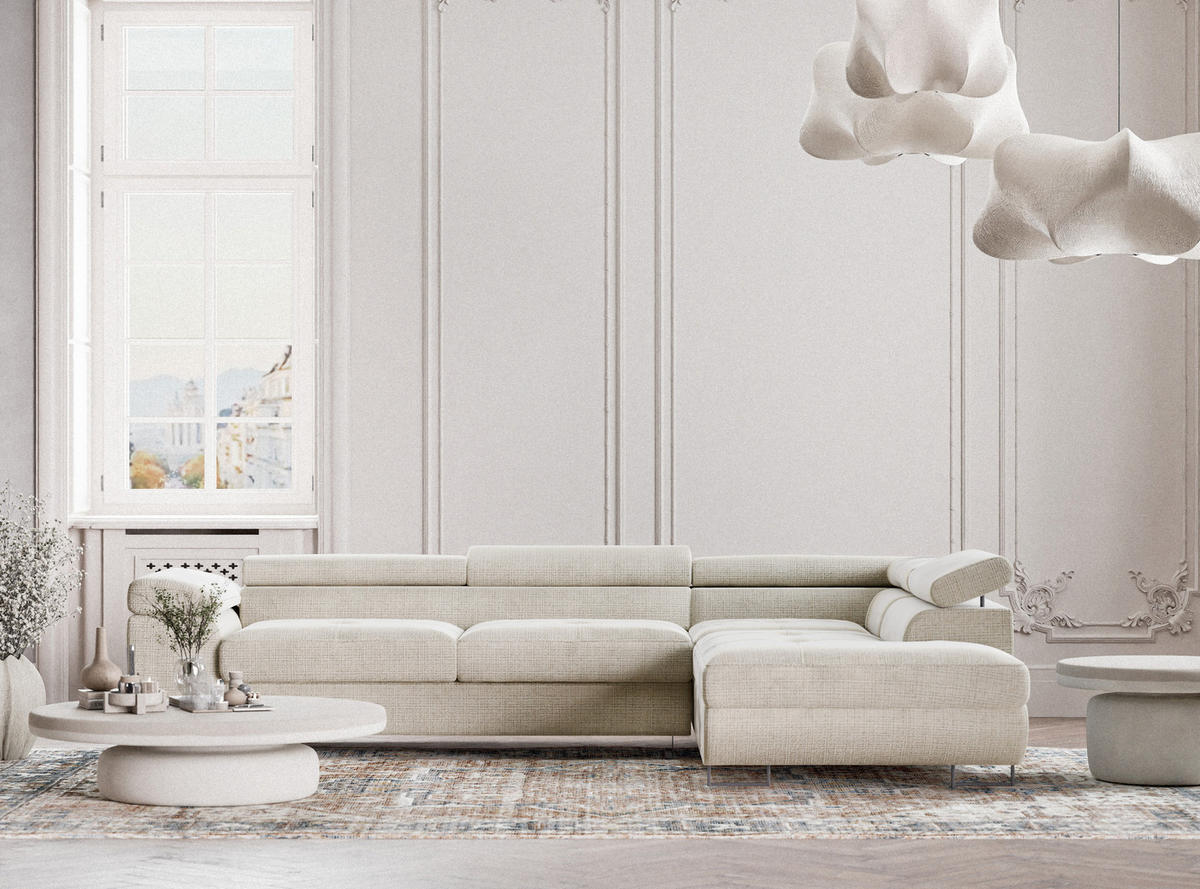 ECKSOFA Concord Beige grau Chenille-Stoff - Rechts Seite - Greige/Schwarz, Holz/Holzwerkstoff (277/203cm) - Maison de Reve