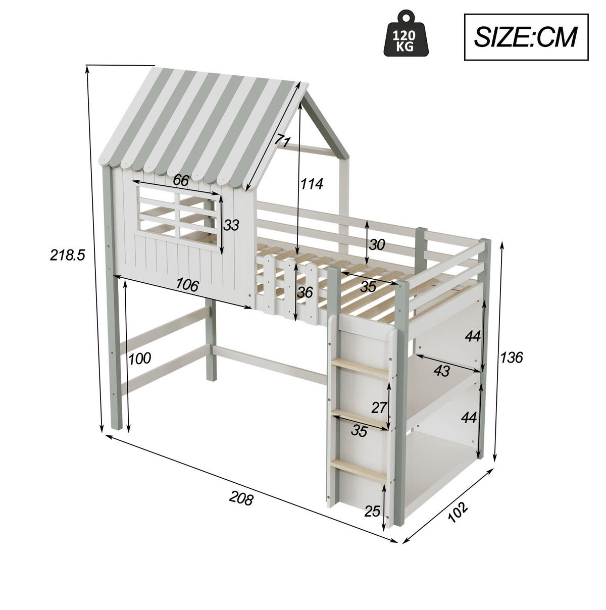KINDERBETT 90/200 cm grün aus Massivholz mit Dachform Leiter und Lattenrost - Grün, Holzwerkstoff (90/200cm) - OKWISH
