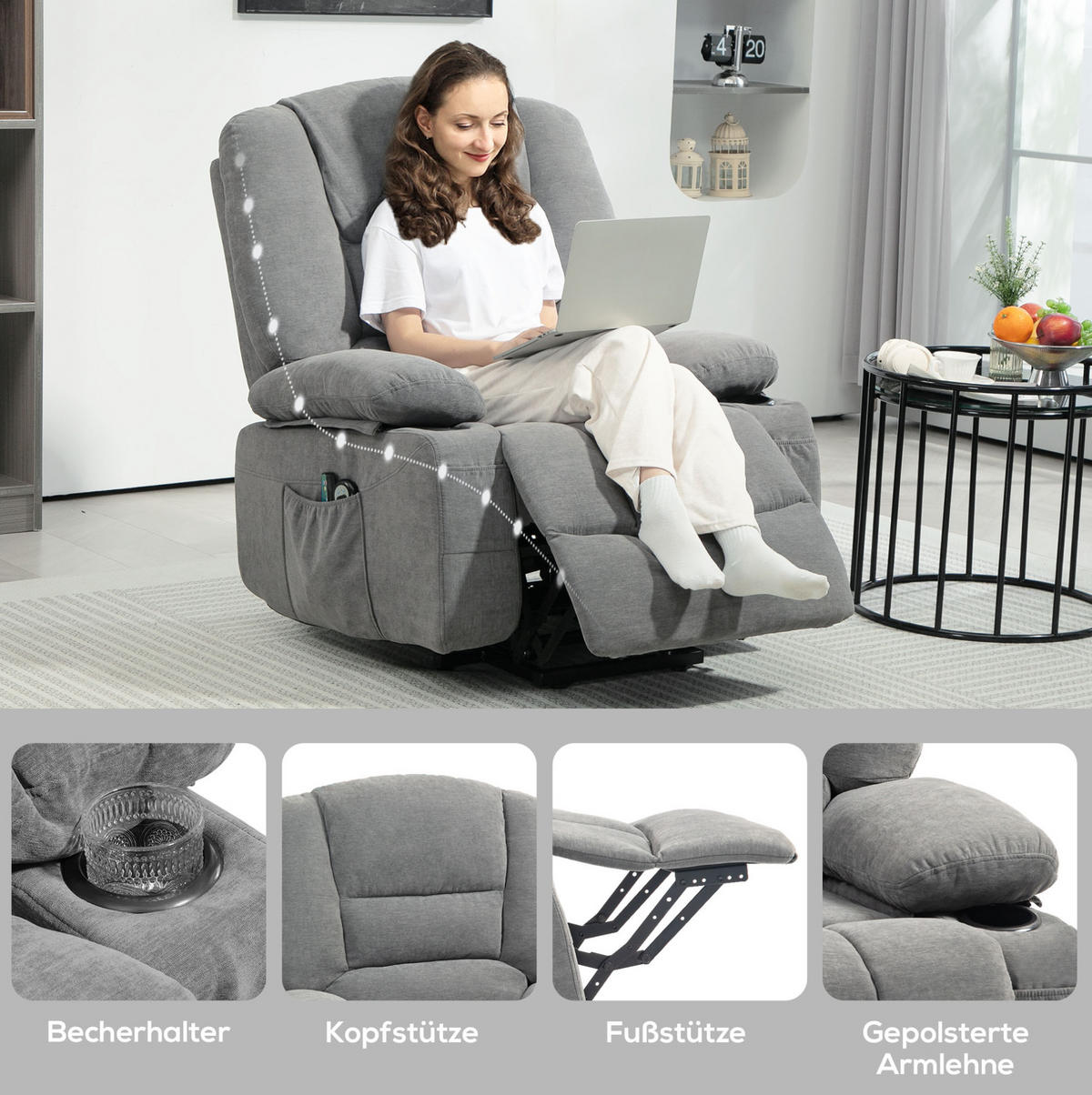 SESSEL 97/90/102 cm in Dunkelgrau mit Aufstehhilfe und Massagefunktion - Dunkelgrau, Textil (90/102/97cm) - Flora Grace
