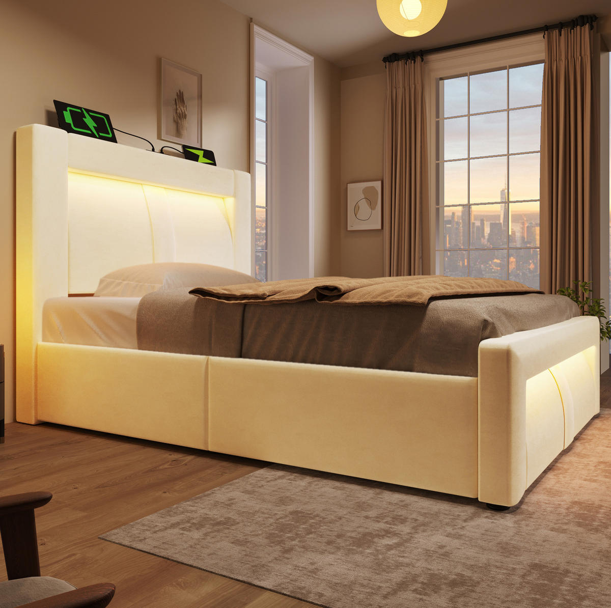 POLSTERBETT aus Samt 90x200 cm in Beige mit LED & USB-C-Ladestation - Beige, Textil (90/200cm) - Modfu