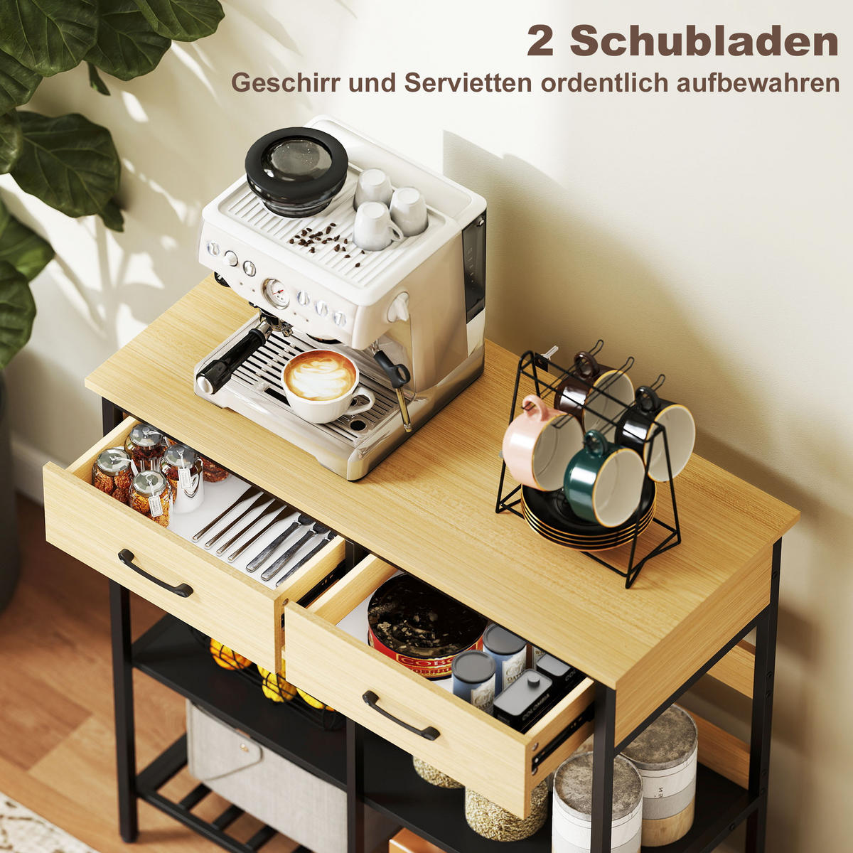 KOMMODE mit 2 Schubladen 3 offenen Regalen Naturholz - Schwarz/Naturfarben, Holzwerkstoff/Metall (40/91/90cm) - HOMCOM