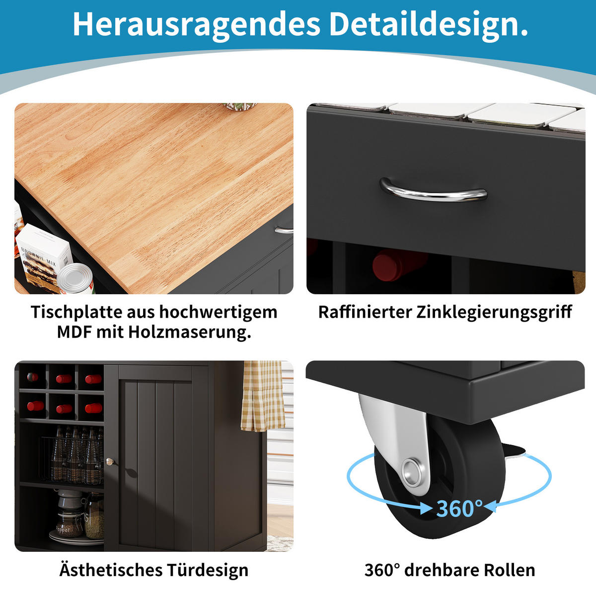 SERVIERWAGEN 102x45x92cm Schwarz mit Weinregal,Trennwänden & Lenkrollen - Schwarz, Holzwerkstoff (102/92/45cm) - Modfu