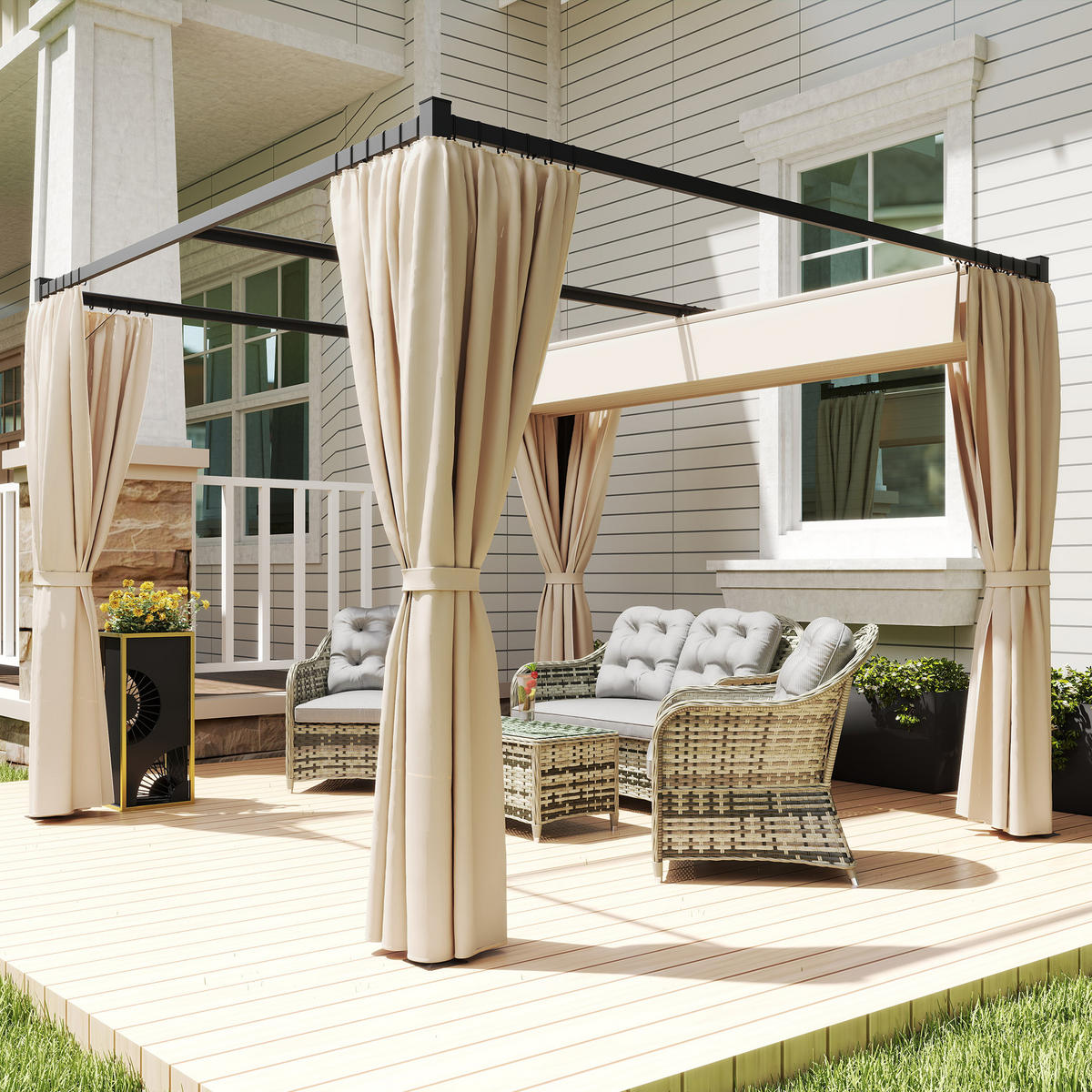 PERGOLA mit Schiebedach, 4 Seitenwände Beige 3 x 3 m - Beige, Textil/Metall (300/227/300cm) - Outsunny